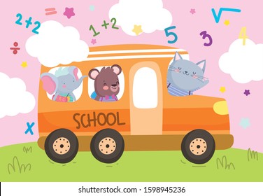 back to school cute animals in the bus transport education vector illustration