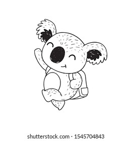 Back to school cute animals koala with backpack hand drawn style, education theme. For greetings cards, decorations, prints, banners. Vector illustration.