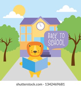 Back to school cute animals lion with book outdoors building cartoons vector image digital design