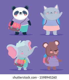 back to school cute animals striped clothes and backpacks education vector illustration