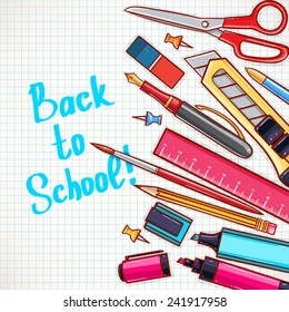 back to school. cute background with different stationery.