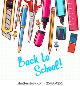 back to school. cute background with different stationery.