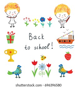 Back to school cute background with kids, flowers and objects, vector graphic illustration