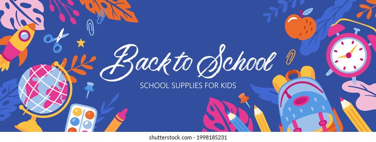 Back to school cute banner design. Childish print for cards, posters and background template