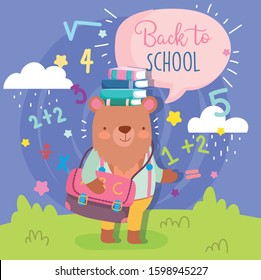 back to school cute bear with bag books education vector illustration