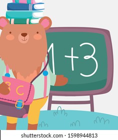 back to school cute bear with books on head and chalkboard bag education vector illustration