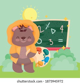 back to school, cute bear with chalkboard and palette color cartoon vector illustration