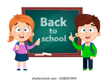 Back to school. Cute boy and girl standing near blackboard. Funny cartoon character. Vector illustration.