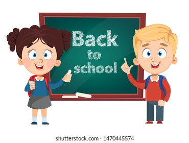 Back to school. Cute boy and girl standing near blackboard. Funny kids cartoon characters. Vector illustration.