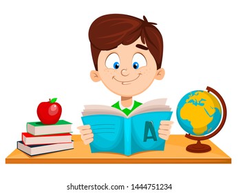 Back to school. Cute boy sitting at the table and reading ABC book. Funny cartoon character. Vector illustration.