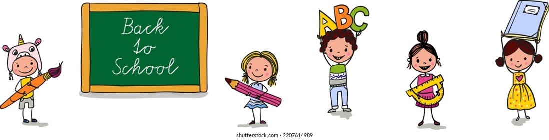 Back to school -cute boys and girls with rulers, pencils, brushes, and ABC - excited to go back to school - colorful hand-drawn cartoon. Suitable for vertical banner or greeting card.