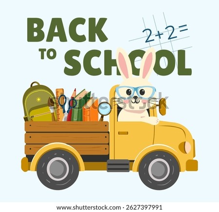 Back to school. Cute bunny student going to school in a truck truck with school items. Vector design on isolated background