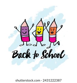 Back to school with cute  cartoon pencil. Hand drawn lettering with pencil. Vector illustration.