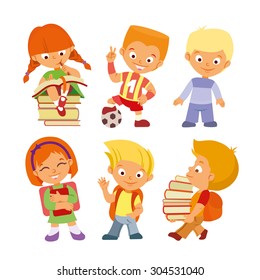 Back to school.Set of cute cartoon pupils in various actions at school. Girl reading,boy playing soccer,children with books.Vector children icon set isolated on white background