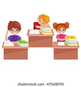 Back to school.  Cute cartoon  schoolgirl  sitting at desk with books, Vector illustration isolated on white background.