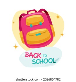 Back to school. Cute School Children. Creative design concept with school bag and education elements, books, pen, pencil, ruler, art and craft. Vector illustration in cartoon style.