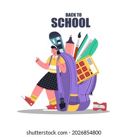 Back to school. Cute School Children. Creative design concept with school bag and education elements, books, pen, pencil, ruler, art and craft. Vector illustration in cartoon style.