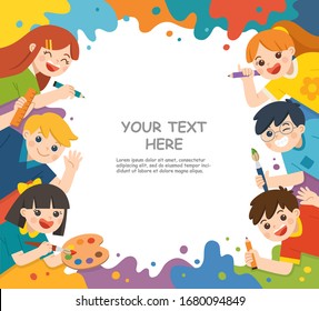 Back to School. Cute children have fun and ready to get painting together. Template for advertising brochure. Children look up with interest. Art kids.