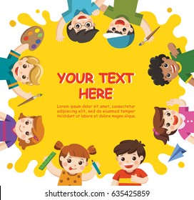 Back to School. Cute children have fun and ready to get painting together. Template for advertising brochure. Children look up with interest.