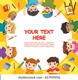 Back to School. Cute children have fun and ready to get painting together. Template for advertising brochure. Children look up with interest.