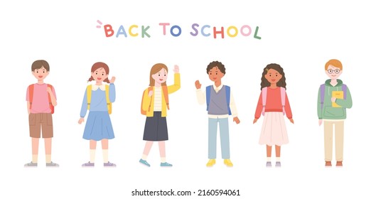 Back to school. Cute children standing with school bags. flat design style vector illustration.