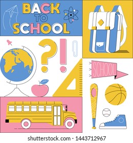 Back to school cute colorful cartoon illustration modern line kids style. School subjects icons bus backpack ball globe. Education print design for typography banners t-shirt sticker poster flyers.