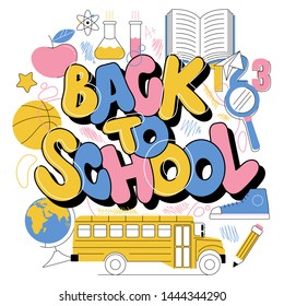 Back to school cute colorful kids inscription in graffiti doodle trendy style. Education modern lettering cartoon illustration with different subjects bus book globe pencil ball apple Chemistry flasks