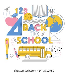 Back to school cute colorful set cartoon illustration modern line kids style. School subjects icons bus marker ball globe. Education print design for typography banners t-shirt sticker poster flyers.