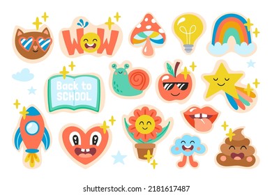 De vuelta a la escuela lindo conjunto de diseño de stickers creativos. Impresión infantil para la planificación, tarjetas y decoración de revistas. Ilustración vectorial