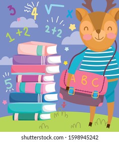 back to school cute deer with bag and stacked books education vector illustration