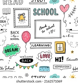 Back to school cute doodle pattern  Seamless background and school illustrations