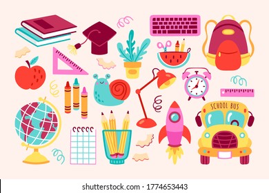 Back to school cute elements set. Childish print for cards, posters, invitations and stickers. Vector Illustration