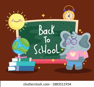 de vuelta a la escuela lindo elefante con mapa de pizarra en libros ilustración vectorial de dibujos animados