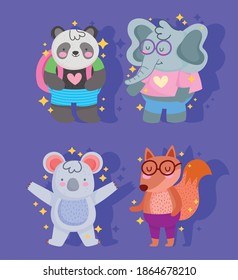 de vuelta al colegio, lindo elefante koala fox y panda caricatura ilustración vectorial