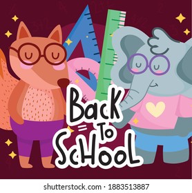 back to school cute elephant squirrel with glasses and ruler cartoon vector illustration