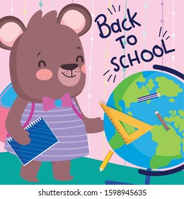 back to school cute female bear with bakcpack book and globe education vector illustration