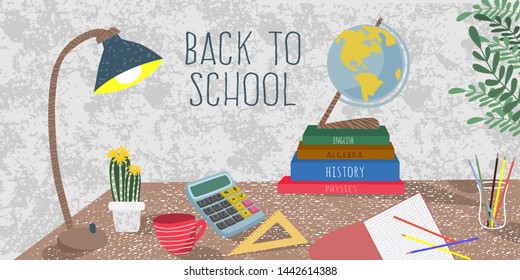Back to school. Cute flat vector horizontal illustration for poster, background, banner or card, drawing of the schoolboy's desk with stationery, calculator, books and globe