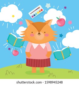 back to school cute fox with books apple education vector illustration