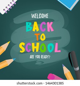 Back to school cute funny text with school supplies and elements. educational elements. Concept design, banner, card, greeting. Vector illustration. 