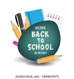 Back to school cute funny text with school supplies and elements. educational elements. Concept design, banner, card, greeting. Vector illustration. 