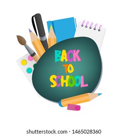 Back to school cute funny text with school supplies and elements. educational elements. Concept design, banner, card, greeting. Vector illustration. 