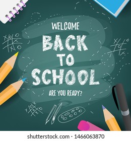 Back to school cute funny text with school supplies and educational elements. Concept design, banner, card, greeting. Vector illustration. 