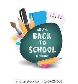 Back to school cute funny text with school supplies and educational elements. Concept design, banner, card, greeting. Vector illustration. 