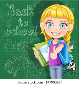 Back to school - cute girl with books at the blackboard