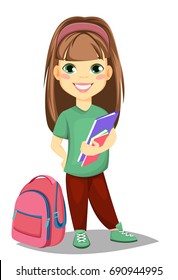 Back to school. Cute girl with books in casual clothes stands near schoolbag. Pretty little schoolgirl. Cheerful cartoon character. Vector illustration