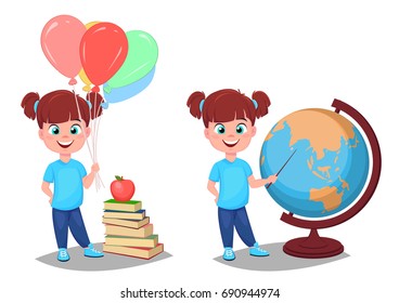 Back to school. Cute girl in casual clothes with helium balloons standing near stack of books and girl pointing to the globe with a pointer. Pretty child. Set of two vector illustrations. 