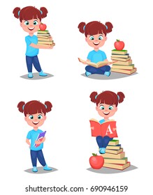 Back to school. Cute girl is ready for studying. Pretty child. Set of four vector illustrations. 