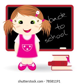 Back to school - cute girl standing in front of the blackboard