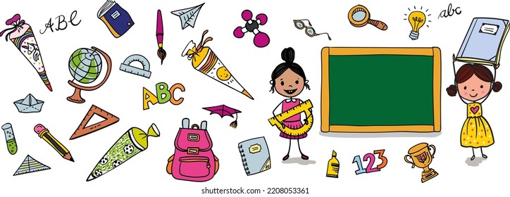 Back to school - Cute girls next to a blackboard with school supplies with rulers, pencils, brushes and ABC - colorful hand-drawn cartoon for horizontal banner or greeting card.