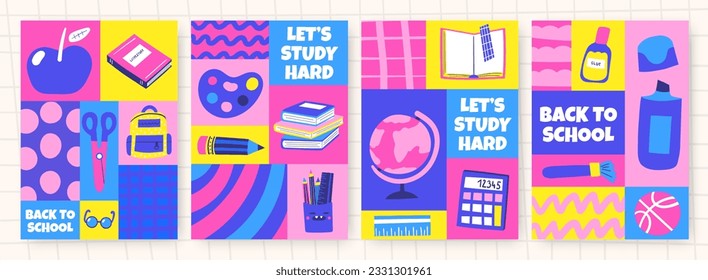 Back to school cute hand drawn doodle cartoon style brochures set. Cover, page, background, card with books, apple, globe, pencil, marker, ball, calculator, ruler, glue, brush, palette, glasses